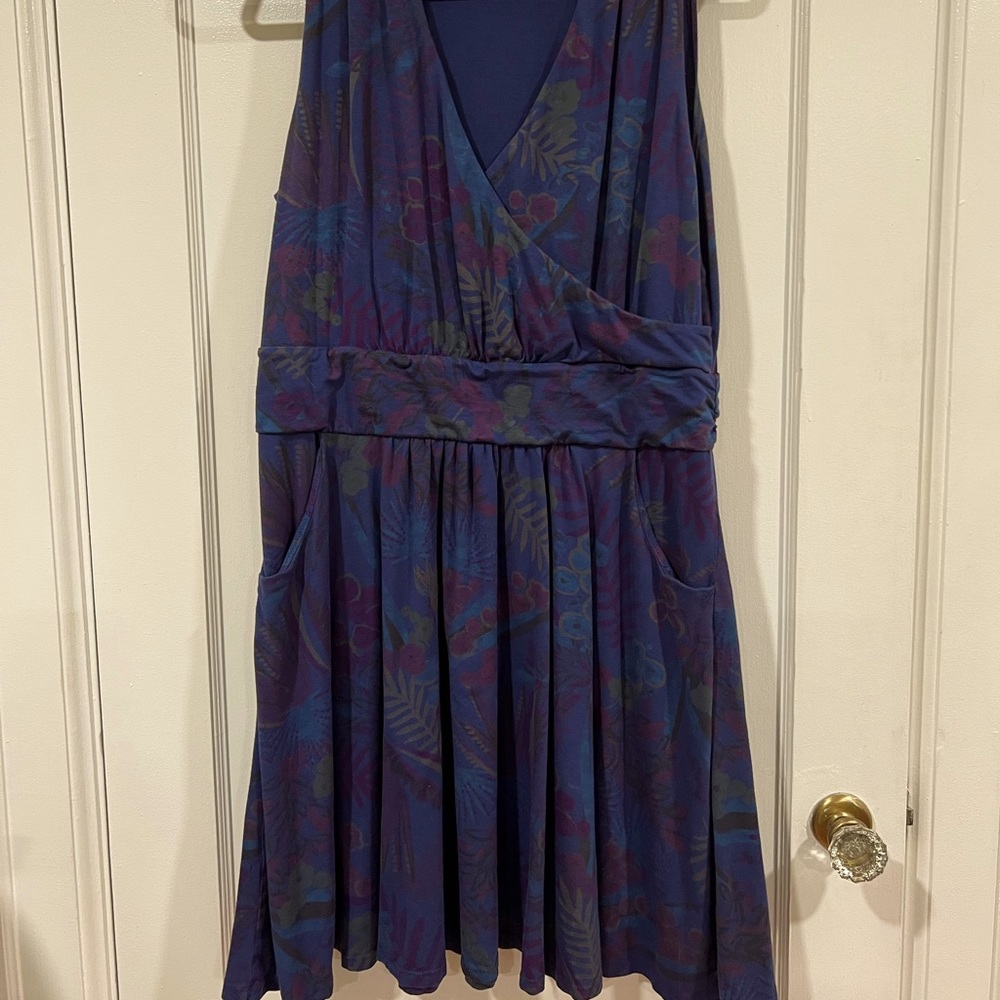 Blue floral motif fresh produce faux wrap top dress